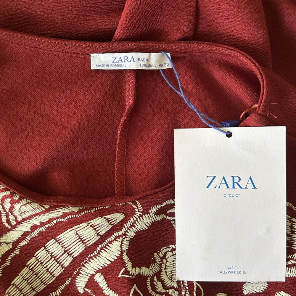 NWT ZARA Basic Embroidered Knit Sheath Dress (L) in Burnt Brick & White Paisley - Picture 8 of 14